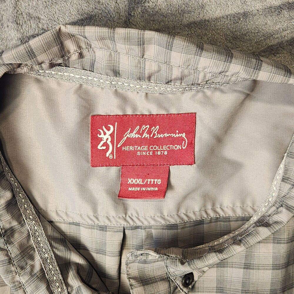 Browning Heritage Collection Mens 3XL Shirt Tan Grey Plaid Long Sleeve Button Up - Picture 2 of 9